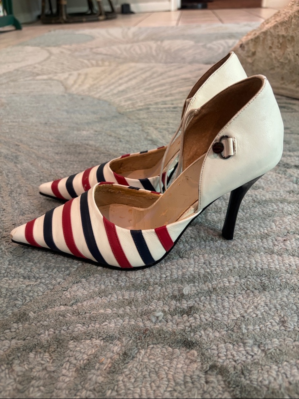 N.Y.L.A. Striped Pointed-Toe Ankle-Strap Pumps - White/Red/Navy - Picture 5 of 8